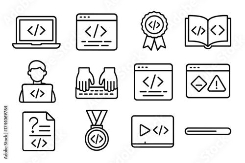 Coding Education Icons. Line style icons of coding for education: laptop with code, code blocks, learning badge, open book with