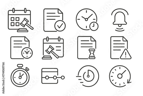 Legal Timeline Icons. Line style icons of legal deadlines and timelines: calendar with gavel, due date file, reminder clock, court
