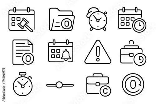Legal Timeline Icons. Line style icons of legal deadlines and timelines: calendar with gavel, due date file, reminder clock, court