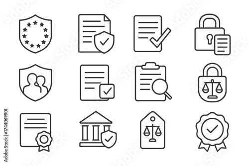 Compliance and Privacy Icons. Line style icons of trust and compliance: GDPR icon, policy document, compliance check, lock with