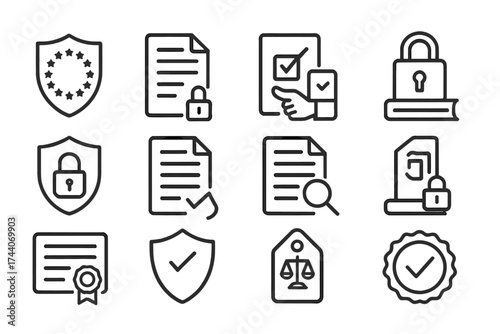 Compliance and Privacy Icons. Line style icons of trust and compliance: GDPR icon, policy document, compliance check, lock with