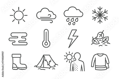 Weather Icons. Line style icons of weather and seasons: sun icon, cloud with wind, raincloud, snowflake; fog icon, temperature
