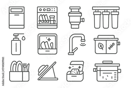Kitchen Cleanliness Icons. Line style icons of kitchen cleanliness aids: trash compactor, dishwasher, sink garbage disposal, water