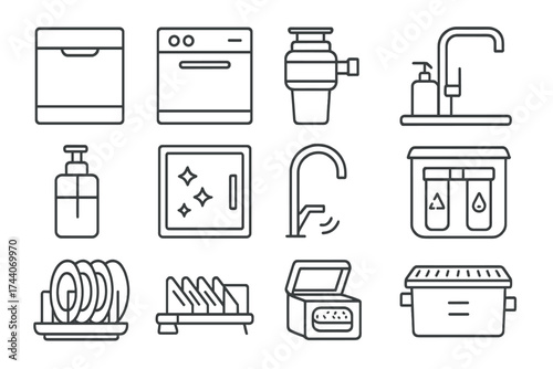 Kitchen Cleanliness Icons. Line style icons of kitchen cleanliness aids: trash compactor, dishwasher, sink garbage disposal, water