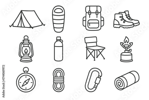 Camping Gear Icons. Line style icons of camping gear: tent, sleeping bag, backpack, hiking boots; lantern, water bottle, folding