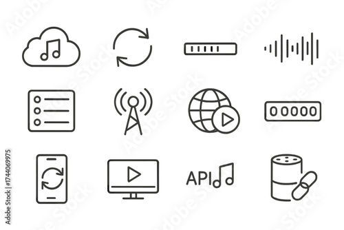 Music Streaming Icons. Line style icons of music streaming and sync: cloud music icon, sync arrow, buffering bar, audio wave