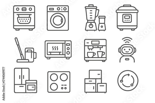 Modern Appliance Icons. Line style icons of multi-functional appliances: oven with air fryer, washer-dryer combo, blender with