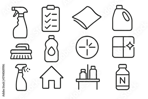 Multi-Surface Icon Collection. Line style icons of multi-surface products: all-purpose spray, label with checkmarks, versatile