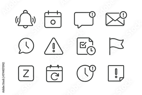 Notification Icon Set. Line style icons of reminders and alerts: alarm bell, calendar dot, notification popup, email alert; event