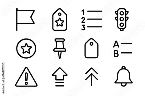 Prioritization Tool Icons. Line style icons of prioritization tools: red flag, top priority tag, task ranking, traffic light icon;