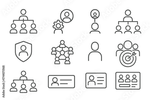 Team Structure Icons. Line style icons of teamwork structure: org chart, team roles, position icon, direct report; team leader