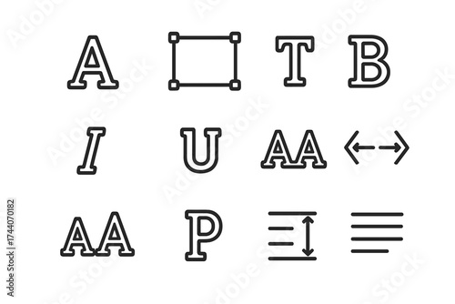 Typography Tool Icons. Line style icons of typography tools: font icon, text box, type tool, bold letter; italic icon, underline