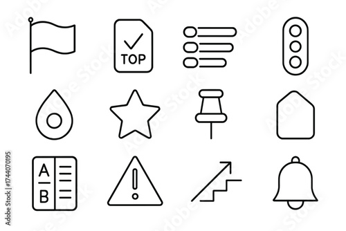 Prioritization Tool Icons. Line style icons of prioritization tools: red flag, top priority tag, task ranking, traffic light icon;