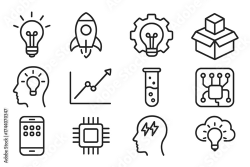 Innovation Icon Set. Line style icons of business innovation: lightbulb, rocket, gear with bulb, prototype box; creative mind,