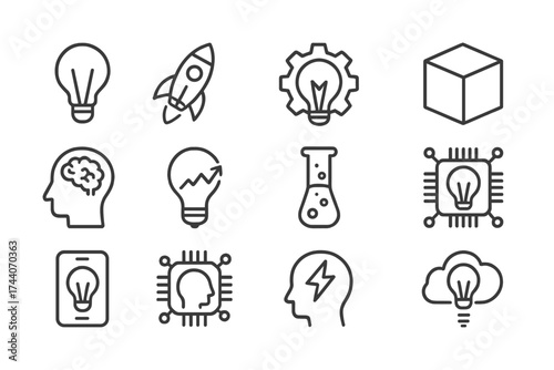 Innovation Icon Set. Line style icons of business innovation: lightbulb, rocket, gear with bulb, prototype box; creative mind,