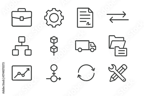 Business Operations Icons. Line style icons of business operations: briefcase, cogwheel, contract icon, process arrows; workflow