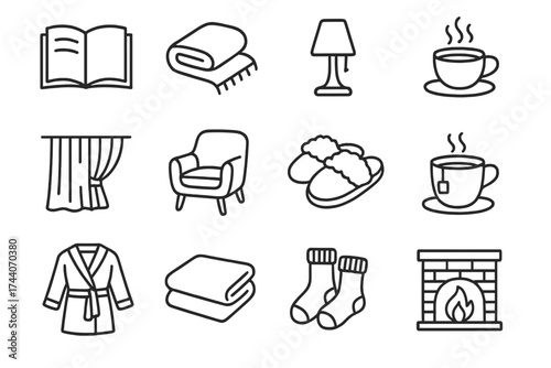 Cozy Retreat Icons. Line style icons of calming retreat objects: open book, blanket, quiet lamp, cozy drink; draped curtain,