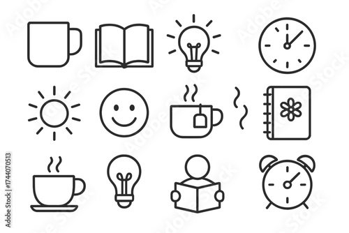 Mindful Daily Icons. Line style icons of mindful daily tools: mug, book, bright light, clock; sunburst, cheerful icon, tea symbol,