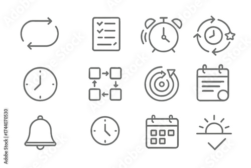 Routine Icon Set. Line style icons of routine building: repeat icon, checklist flow, daily alarm, habit loop; time cue, task