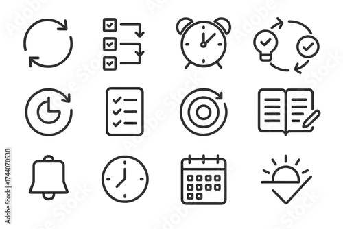 Routine Icon Set. Line style icons of routine building: repeat icon, checklist flow, daily alarm, habit loop; time cue, task