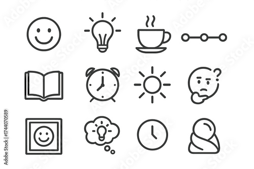 Inspiring Daily Icons. Line style icons of inspiring routine: smiley icon, lightbulb glow, cup of tea, timeline; chapter book,