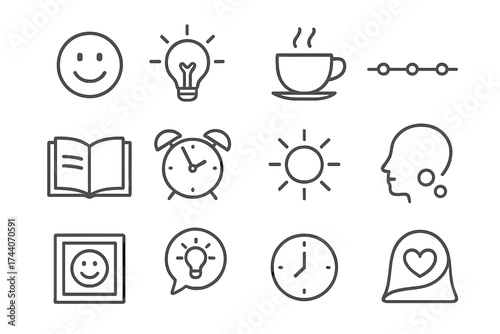 Inspiring Daily Icons. Line style icons of inspiring routine: smiley icon, lightbulb glow, cup of tea, timeline; chapter book,