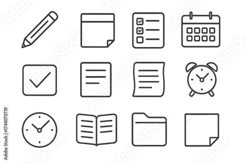 Line Style Planning Icons. Line style icons of compact planning set: pencil stroke, memo tab, to-do pad, calendar icon; checklist