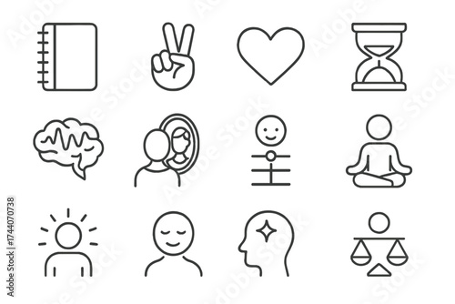 Mindfulness Line Icons. Line style icons of mindfulness and calm: notebook icon, peace sign, heart, sand hourglass; brain wave,