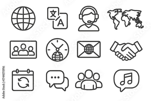 Global Communication Icons. Line style icons of global business communication: globe icon, language selector, translator, world