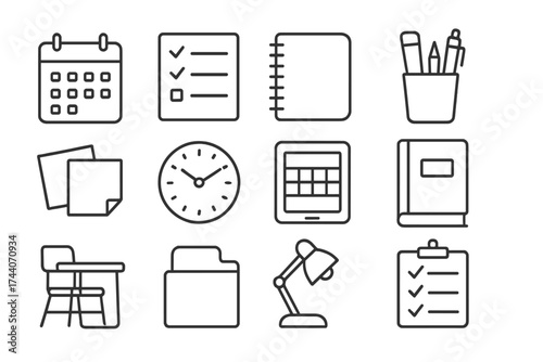 Weekly Planner Icons. Line style icons of weekly planner kit: calendar, assignment list, notebook, pencil holder; sticky notes,