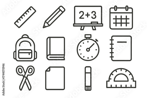 School Supply Icons. Line style icons of school supply collection: ruler, pencil, chalkboard, calendar; backpack, book, timer,