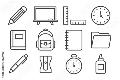 Academic Essentials Icons. Line style icons of academic must-haves: pencil, chalkboard, ruler, clock; book, backpack, notebook,