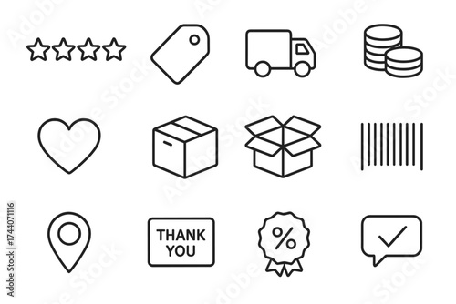 Quality Service Icon Set. Line style icons of service and quality: star rating, shopping tag, delivery truck, coins; heart,