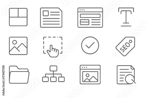 CMS Features Icons. Line style icons of CMS features: content block, post icon, page builder, text editor; media gallery, drag