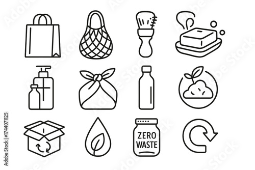 Plastic-Free Icon Set. Line style icons of plastic-free lifestyle: paper bag, cotton net, wooden brush, soap bar; refill station,