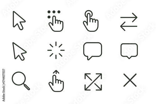 Interface Interaction Icons. Line style icons of interface interactions: hover icon, drag handle, tap gesture, swipe arrow; click
