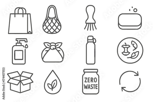 Plastic-Free Icon Set. Line style icons of plastic-free lifestyle: paper bag, cotton net, wooden brush, soap bar; refill station,