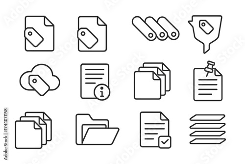 File Tagging Icons. Line style icons of file tagging and organization: file tag, folder tag, color label, icon filter; tag cloud,