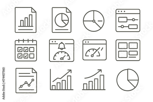 Line Style Productivity Icons. Line style icons of productivity reports: bar chart, pie graph, timeline analysis, progress board;