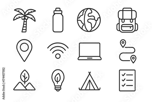 Eco-Travel Essentials Icons. Line style icons of eco-travel setup: palm tree, reusable bottle, globe, backpack; location pin, WiFi