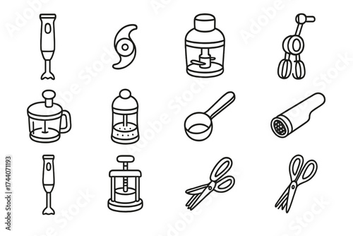 Compact Kitchen Icons. Line style icons of compact kitchen gadgets: hand blender, food processor blade, mini chopper, manual mixer