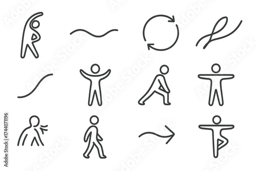 Flow and Movement Icons. Line style icons of movement and flow: stretching figure, slow movement line, breath-motion loop, flow
