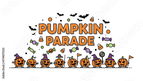 Pumpkin Parade illustration: A charming illustration depicts a whimsical pumpkin parade, where a procession of cheerful pumpkins in festive attire celebrates Halloween.