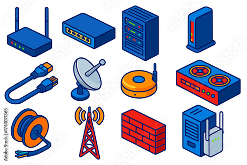 Networking Equipment Icons. Isometric vector illustration set Networking equipment: Wi-Fi router, network switch, server rack,