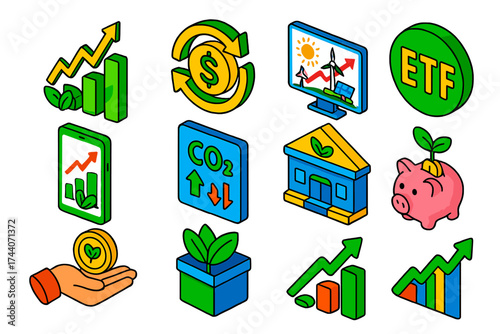 Eco Investment Icons. Isometric vector illustration set Eco investment icons: stock growth chart with leaves, dollar coin with
