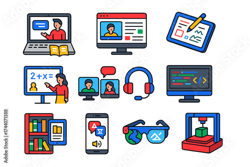Educational Tech Icons. Isometric vector illustration set Educational technology: e-learning laptop, online course platform,