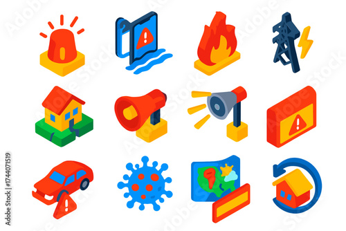 Emergency Alert Icons. Isometric vector illustration set Emergency alerts: weather alert siren, flood warning notification, fire