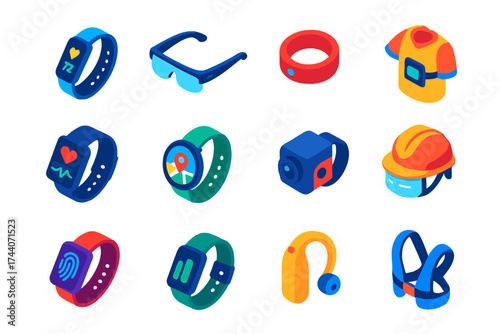Wearable Tech Icons. Isometric vector illustration set Wearable technology: fitness tracker, AR glasses, smart ring, smart