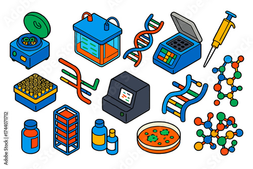 Molecular Biology Tools. Isometric vector illustration set Molecular biology tools: centrifuge, gel electrophoresis chamber, PCR