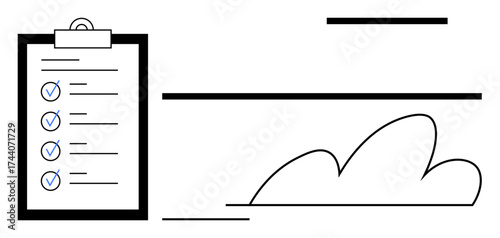 Clipboard with list of checkmarks beside abstract cloud and geometric lines. Ideal for organization, productivity, progress, planning, goal setting, minimalism, task completion. Simple flat metaphor